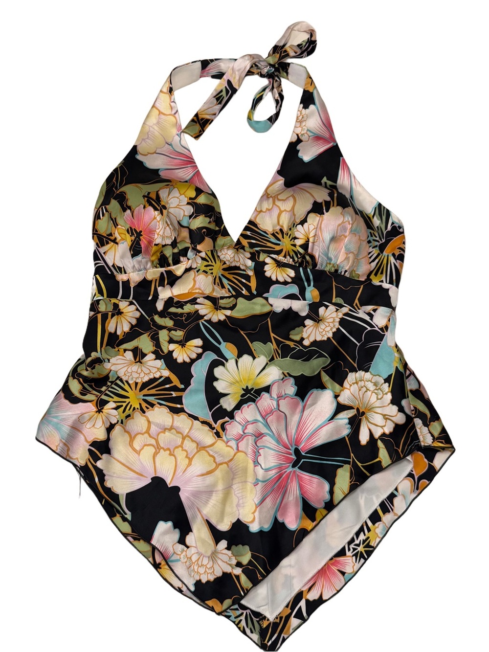 Cache Black Floral Halter Tankini Top with Pastel Blooms